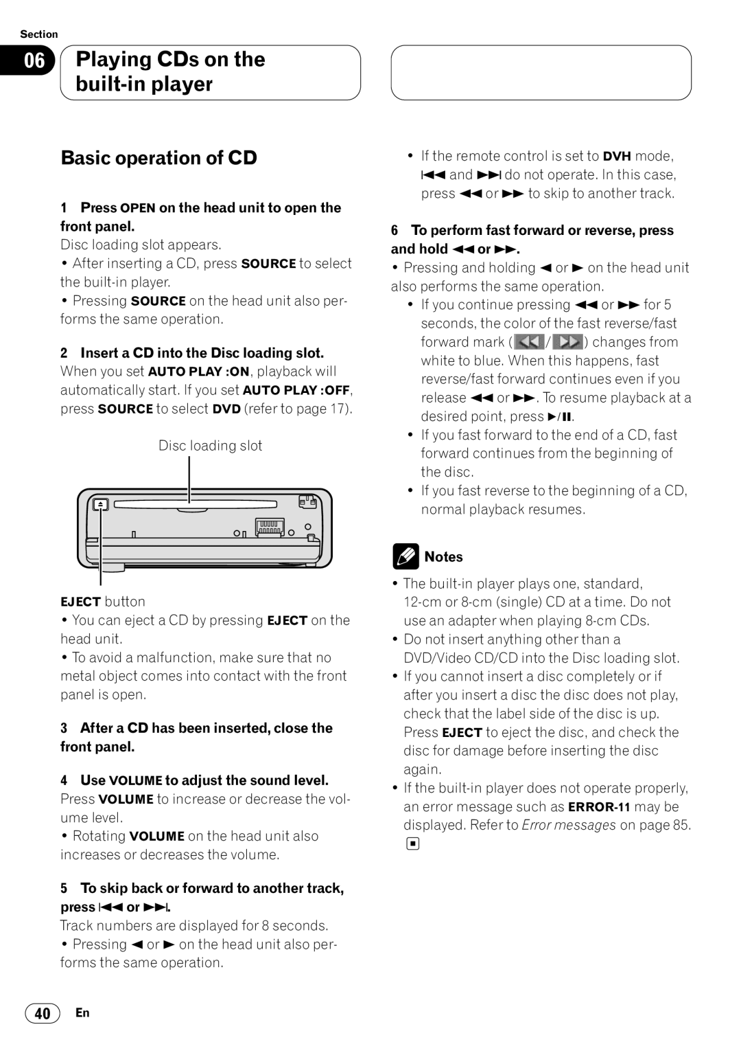 Pioneer DVH-P7050 owner manual Basic operation of CD, To skip back or forward to another track, press 4or ¢ 