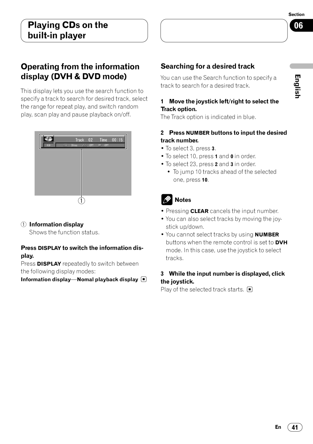 Pioneer DVH-P7050 Operating from the information display DVH & DVD mode, Searching for a desired track, Track number 