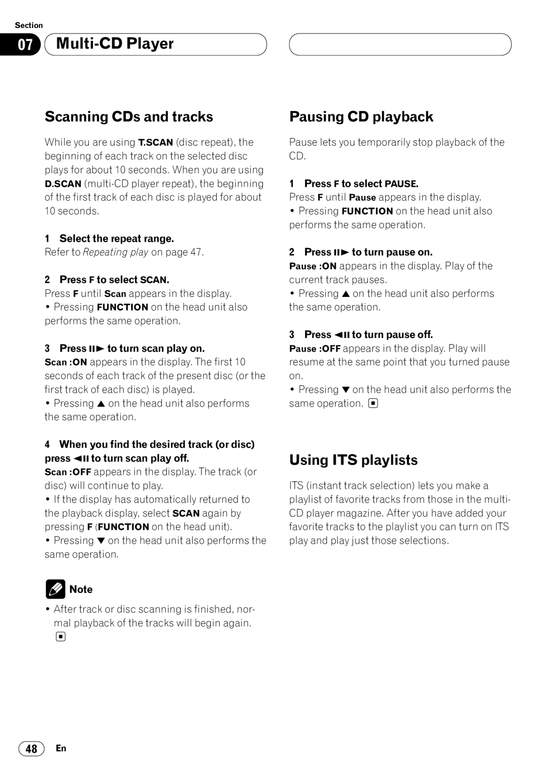 Pioneer DVH-P7050 owner manual Scanning CDs and tracks, Pausing CD playback, Using ITS playlists, Press F to select Scan 