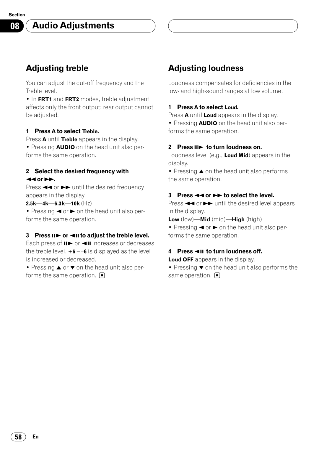 Pioneer DVH-P7050 owner manual Adjusting treble, Adjusting loudness 