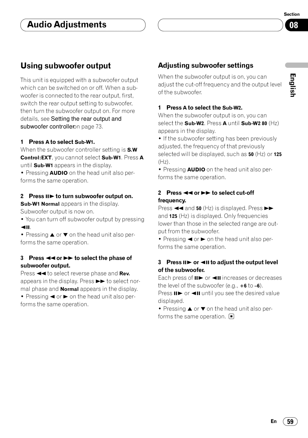 Pioneer DVH-P7050 owner manual Using subwoofer output, Adjusting subwoofer settings 