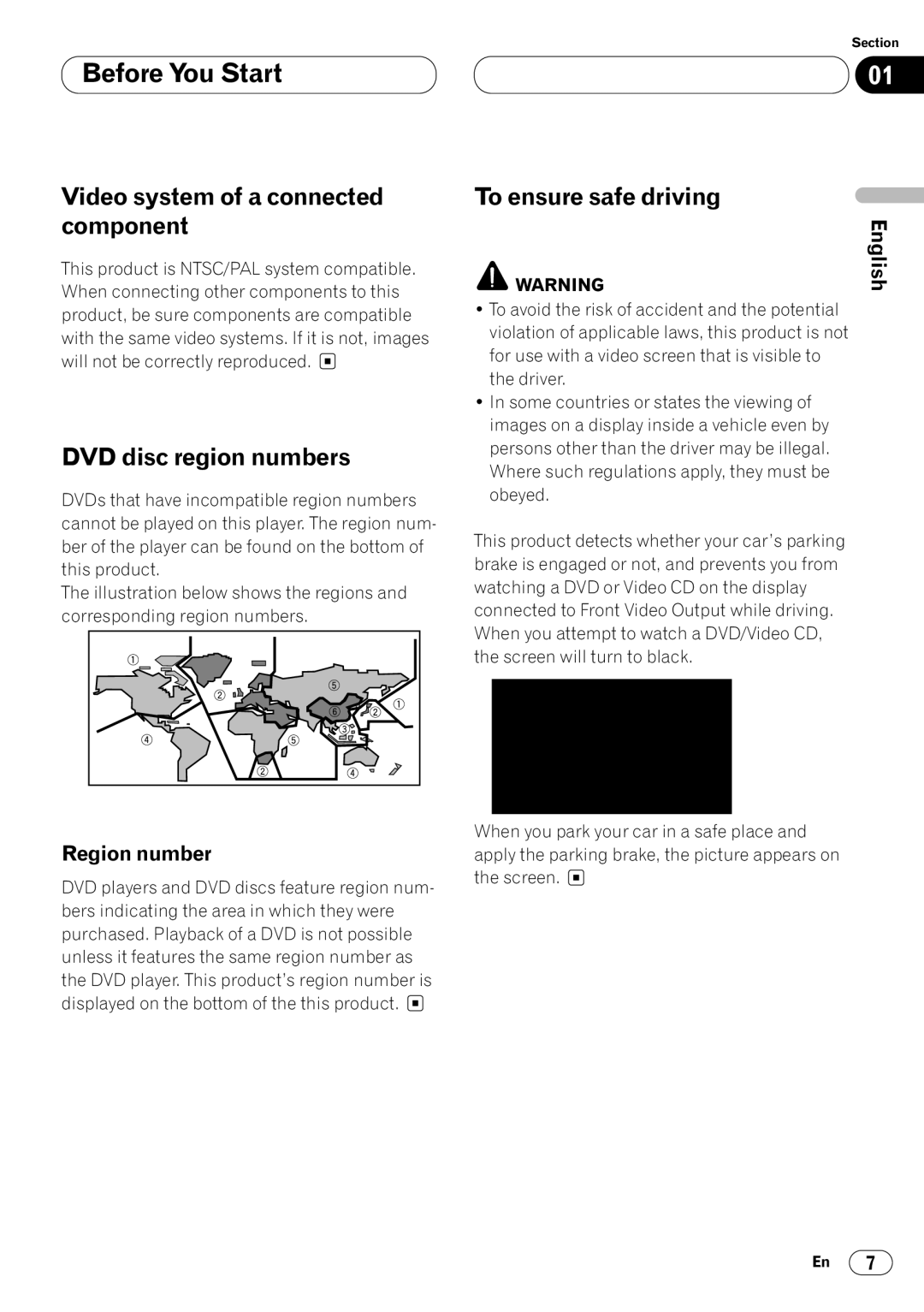 Pioneer DVH-P7050 Video system of a connected component, DVD disc region numbers, To ensure safe driving, Region number 