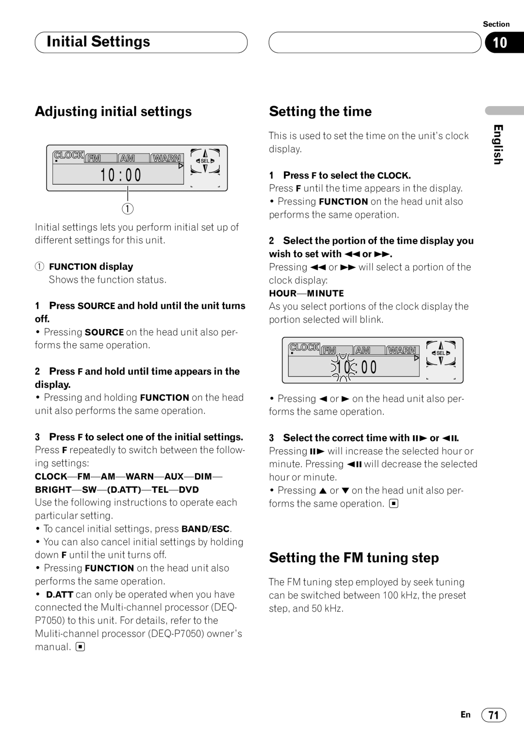 Pioneer DVH-P7050 owner manual Initial Settings, Adjusting initial settings, Setting the time, Setting the FM tuning step 