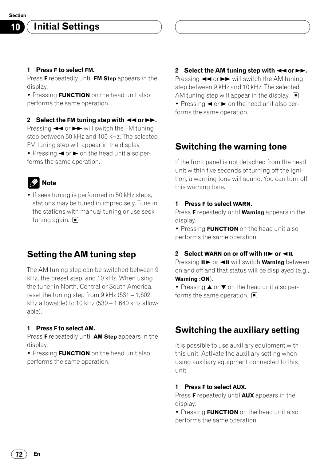 Pioneer DVH-P7050 owner manual Setting the AM tuning step, Switching the warning tone, Switching the auxiliary setting 