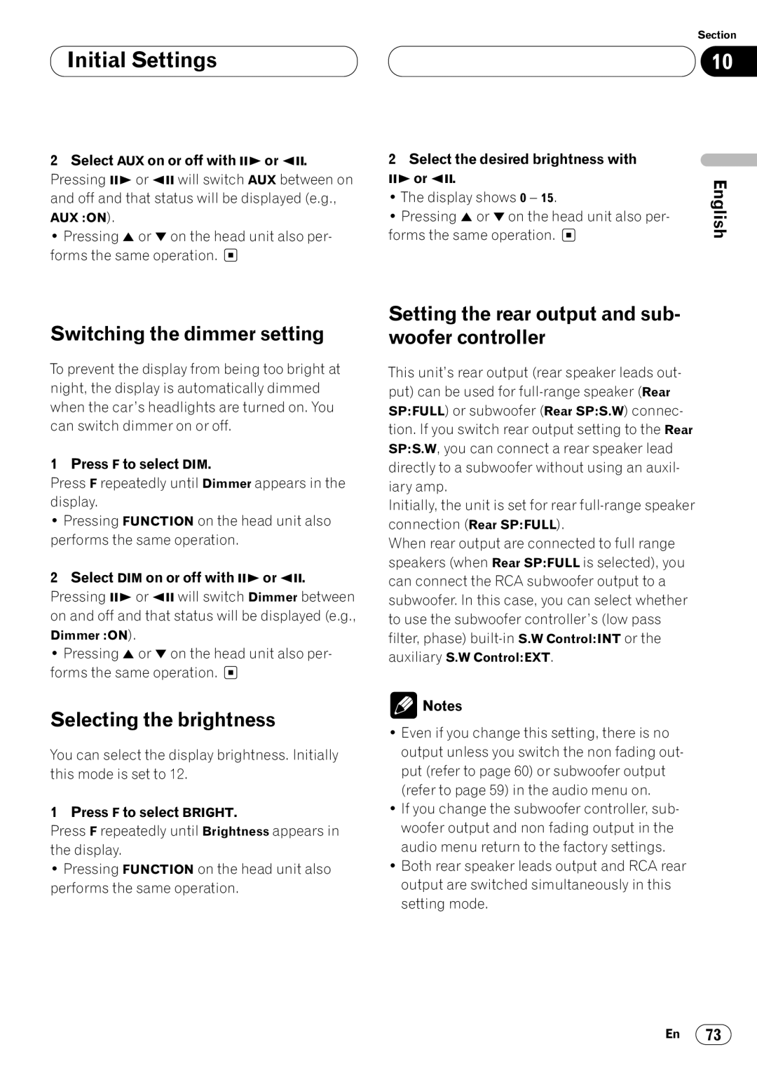 Pioneer DVH-P7050 owner manual Switching the dimmer setting, Selecting the brightness, Setting the rear output and sub 