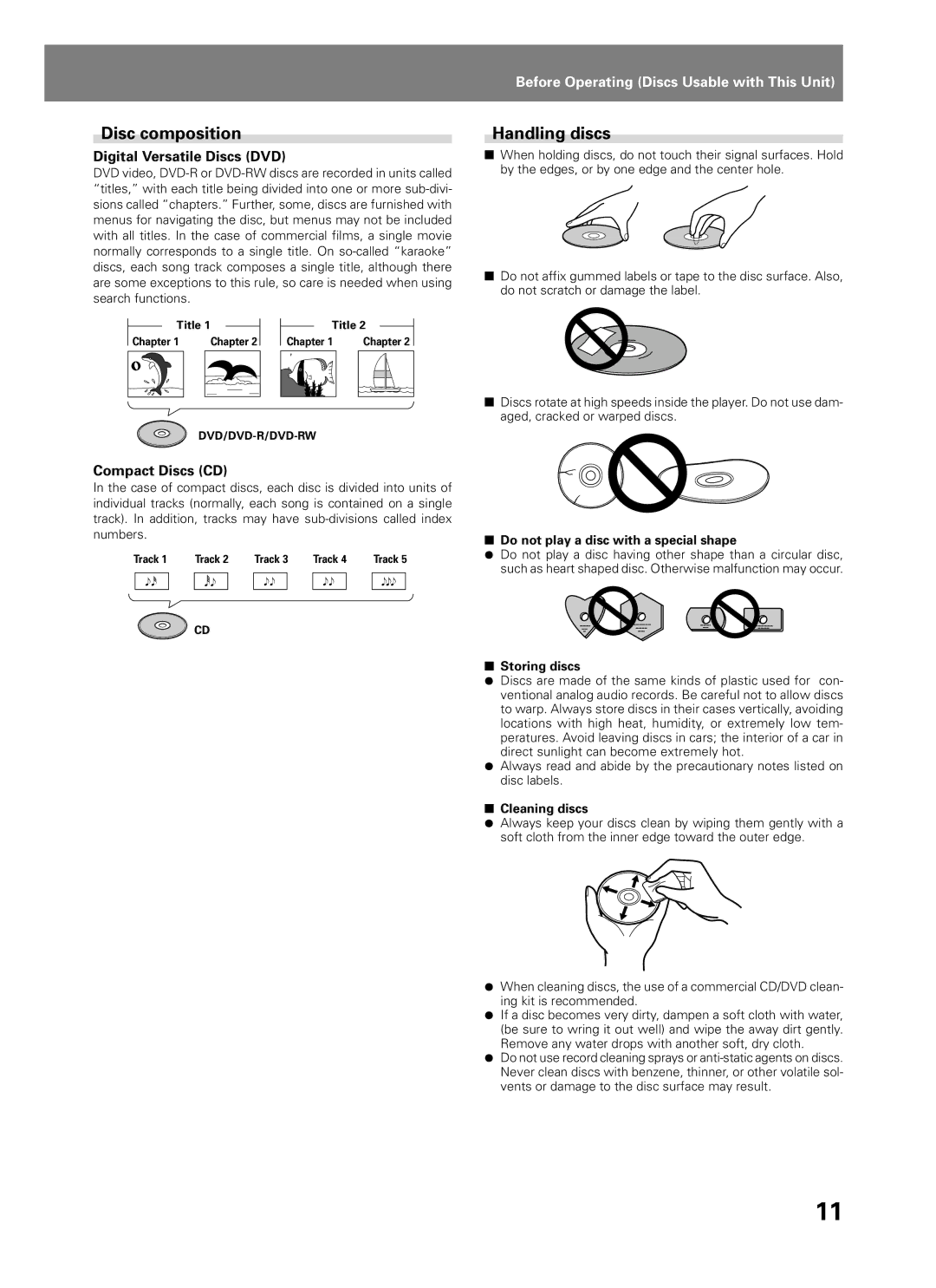 Pioneer DVJ-1000 manual Disc composition, Handling discs, Digital Versatile Discs DVD, Compact Discs CD 