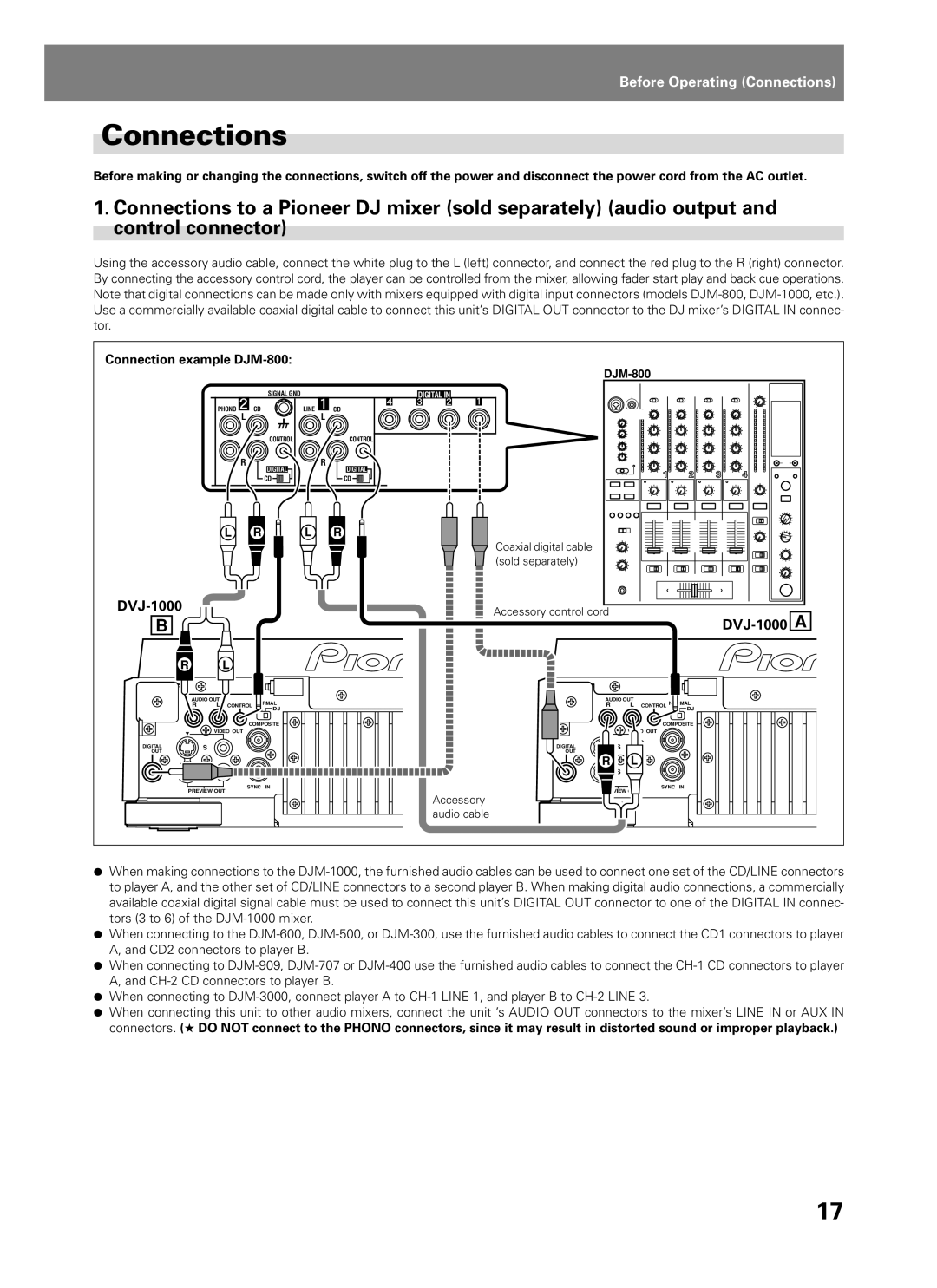 Pioneer DVJ-1000 manual Connections, Connection example DJM-800 