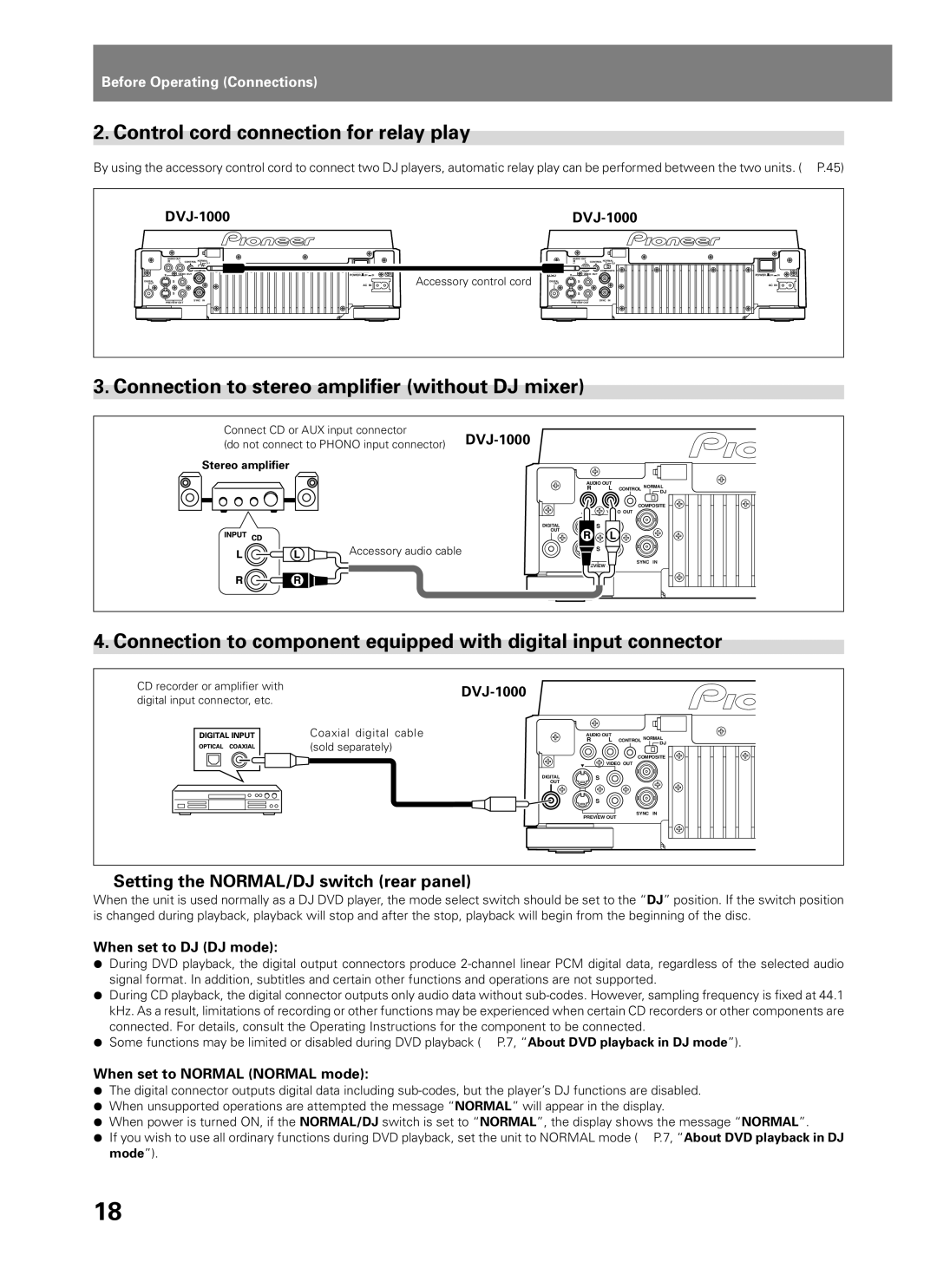 Pioneer DVJ-1000 manual Control cord connection for relay play, Connection to stereo amplifier without DJ mixer 