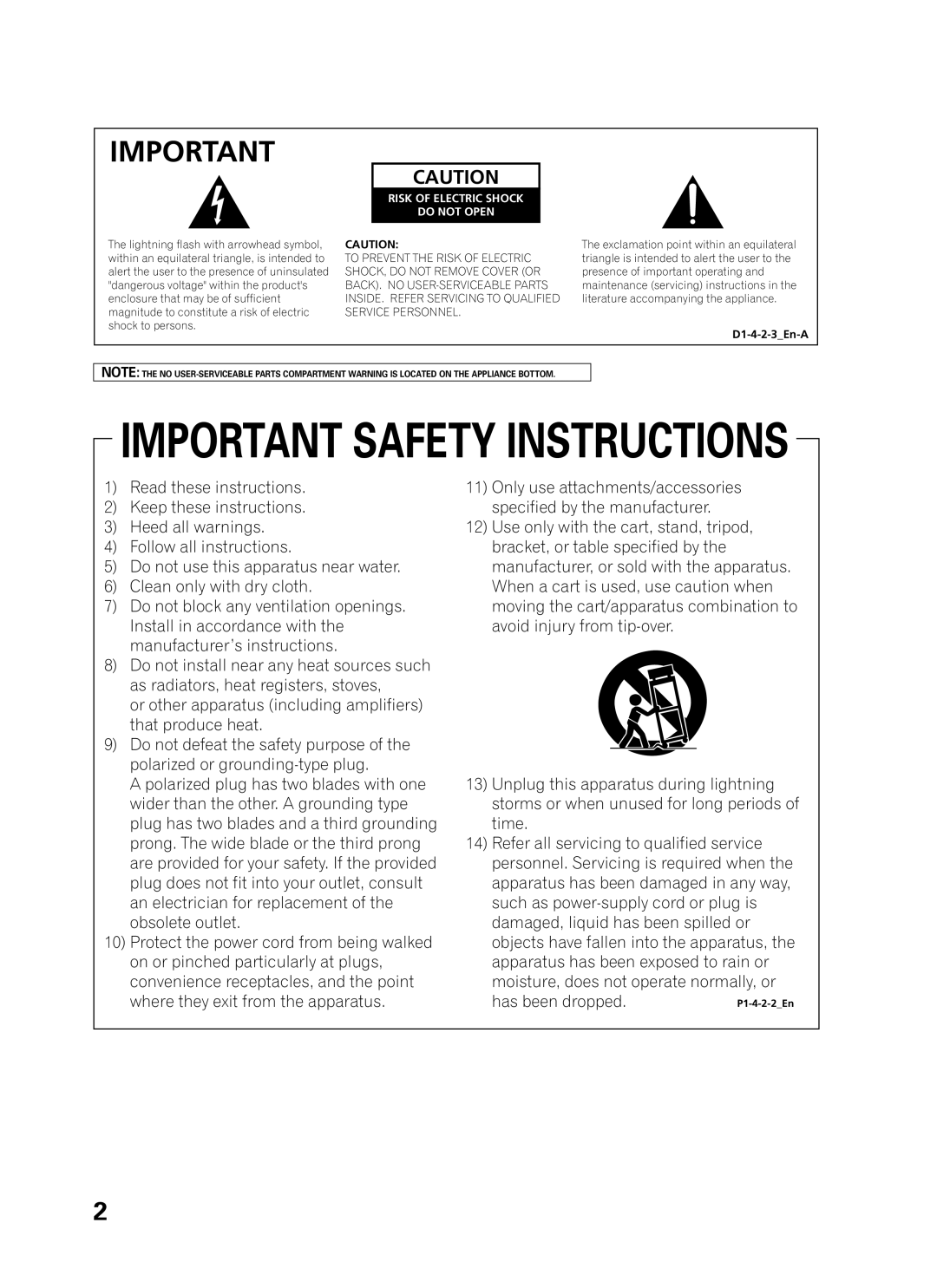 Pioneer DVJ-1000 manual Risk of Electric Shock Do not Open, D1-4-2-3En-A 