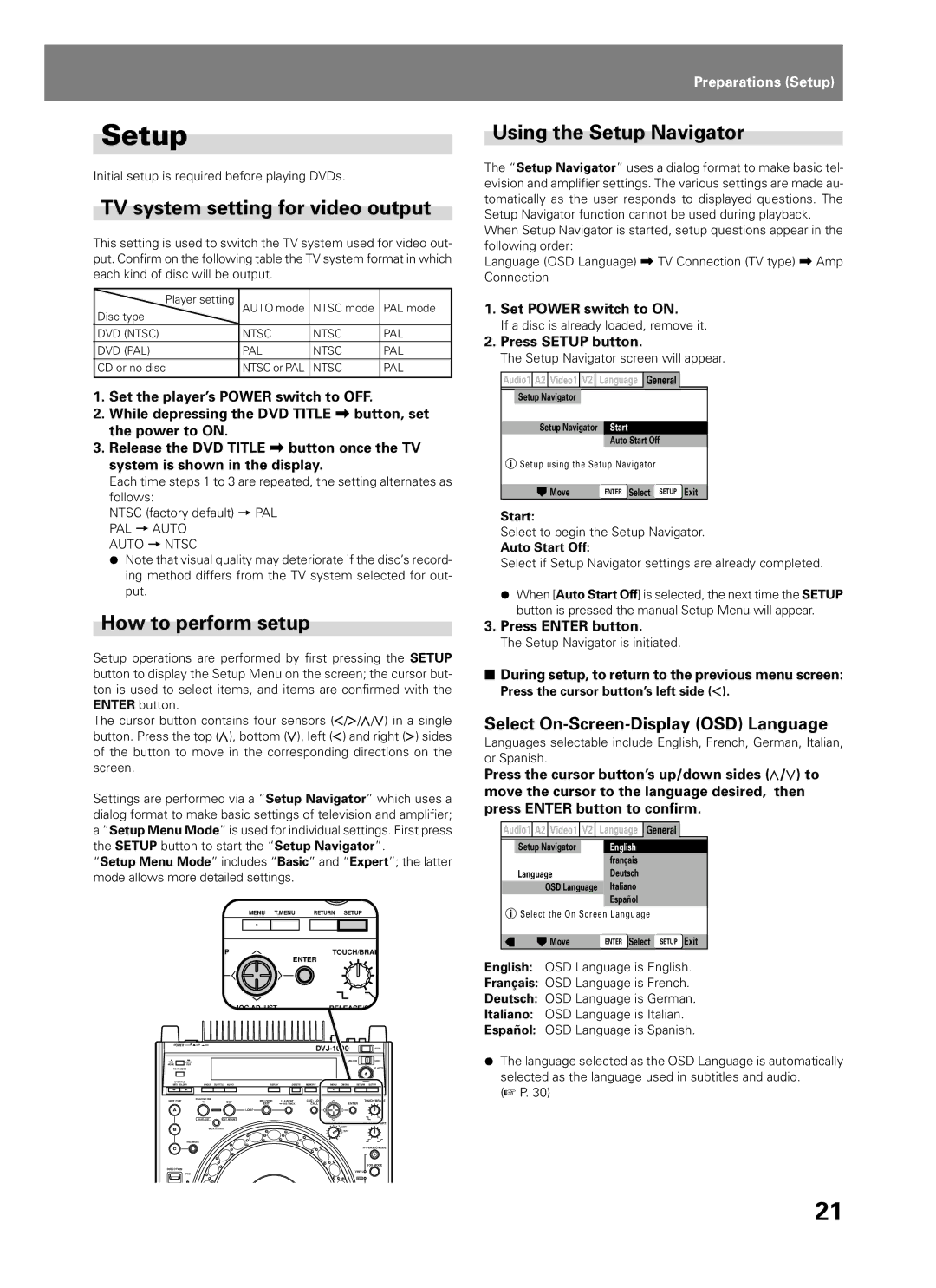 Pioneer DVJ-1000 manual TV system setting for video output, How to perform setup, Using the Setup Navigator 