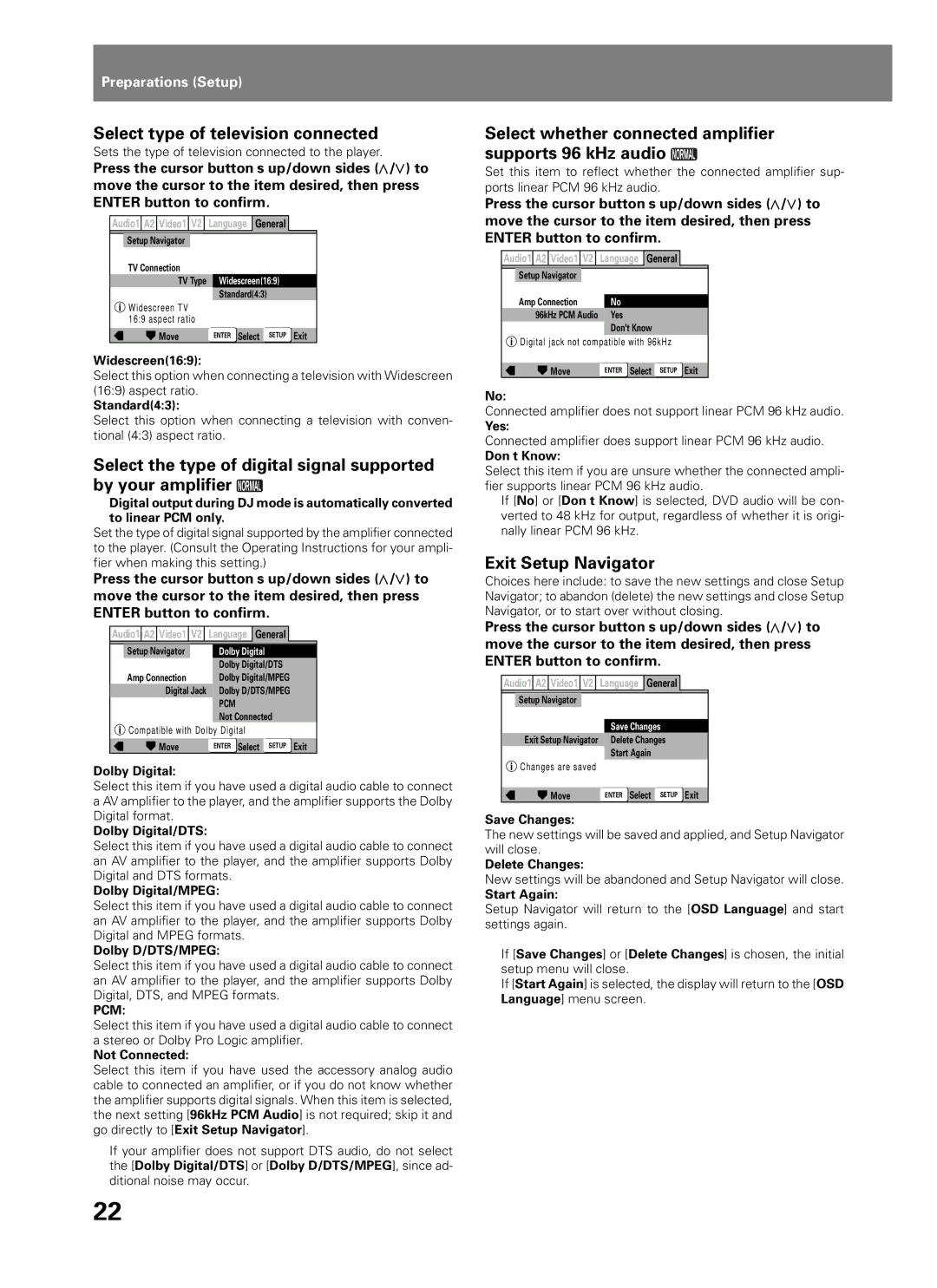 Pioneer DVJ-1000 manual Select type of television connected, Select whether connected amplifier supports 96 kHz audio 