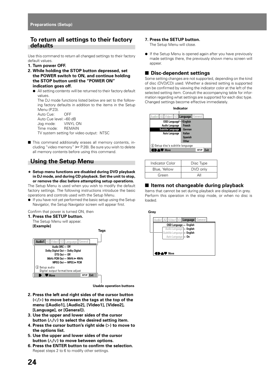 Pioneer DVJ-1000 manual To return all settings to their factory defaults, Using the Setup Menu, Disc-dependent settings 