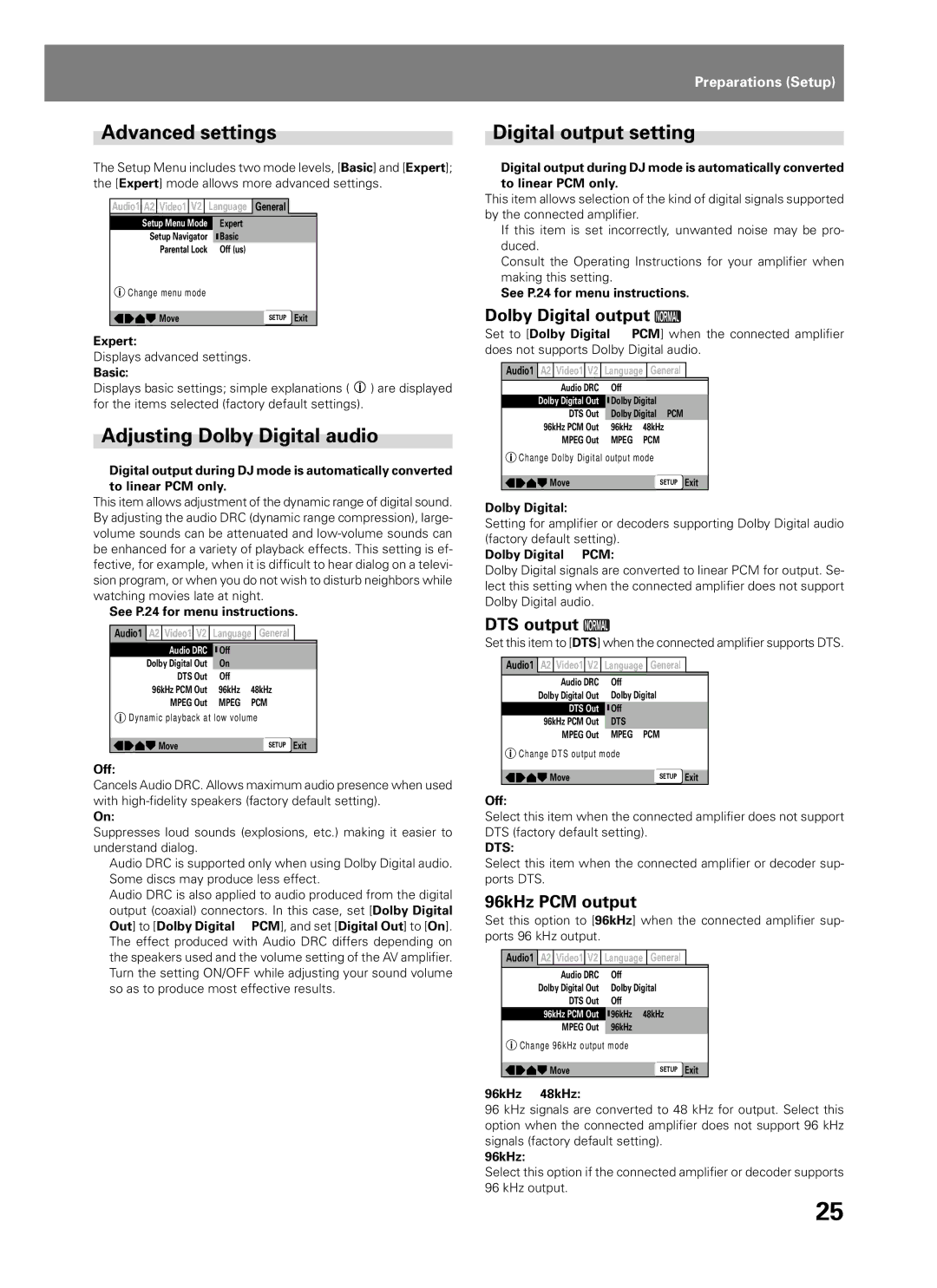 Pioneer DVJ-1000 manual Advanced settings, Adjusting Dolby Digital audio, Digital output setting 