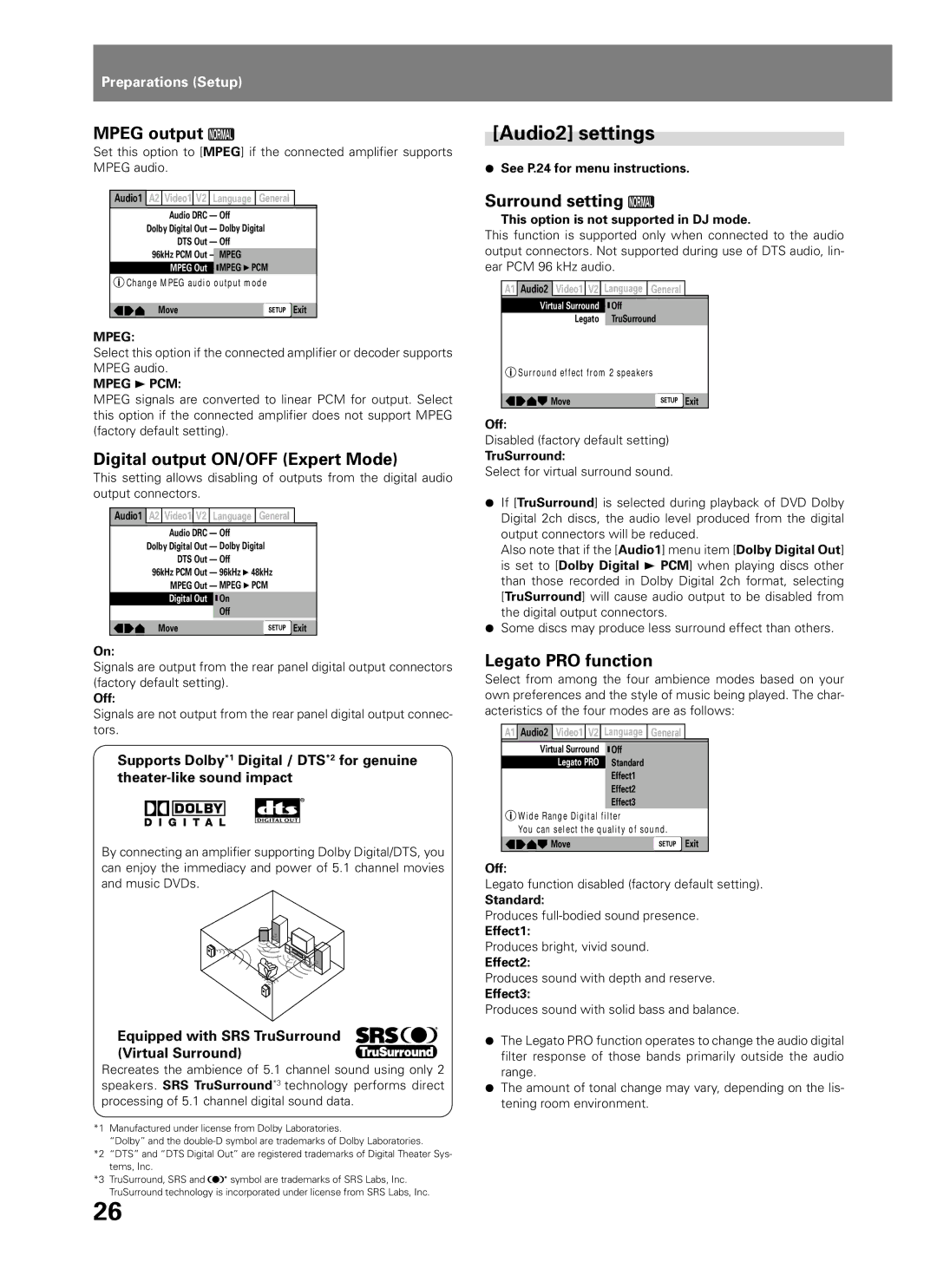 Pioneer DVJ-1000 Audio2 settings, Mpeg output, Digital output ON/OFF Expert Mode, Surround setting, Legato PRO function 