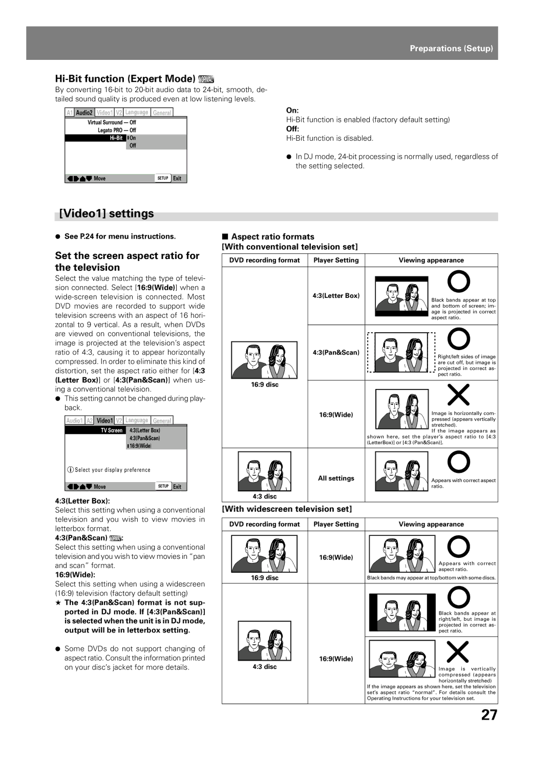 Pioneer DVJ-1000 manual Video1 settings, Hi-Bit function Expert Mode, Set the screen aspect ratio for the television 