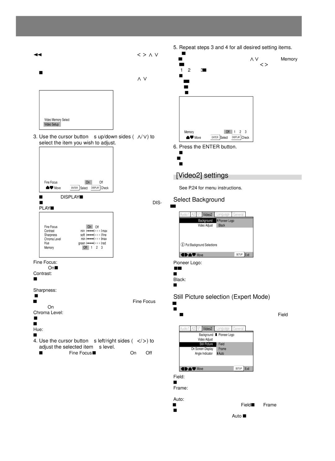 Pioneer DVJ-1000 manual Video2 settings, Adjusting picture quality, Select Background, Still Picture selection Expert Mode 