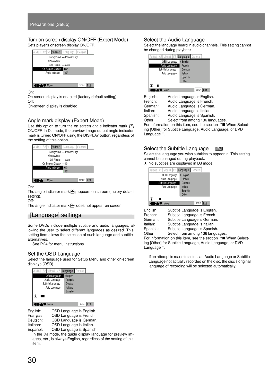 Pioneer DVJ-1000 manual Language settings 