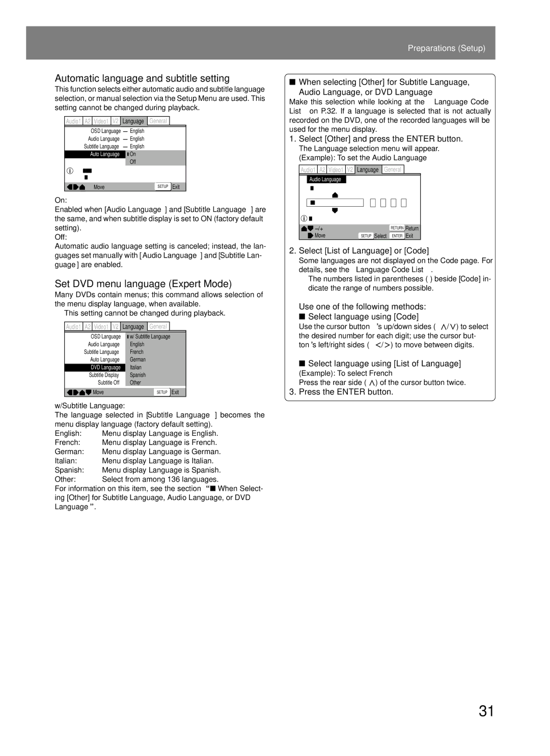 Pioneer DVJ-1000 manual Automatic language and subtitle setting, Set DVD menu language Expert Mode 