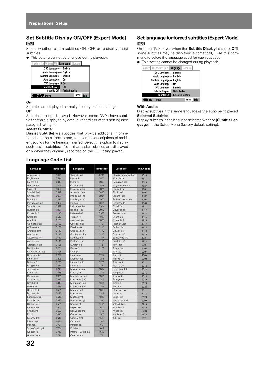 Pioneer DVJ-1000 manual Set Subtitle Display ON/OFF Expert Mode, Set language for forced subtitles Expert Mode 