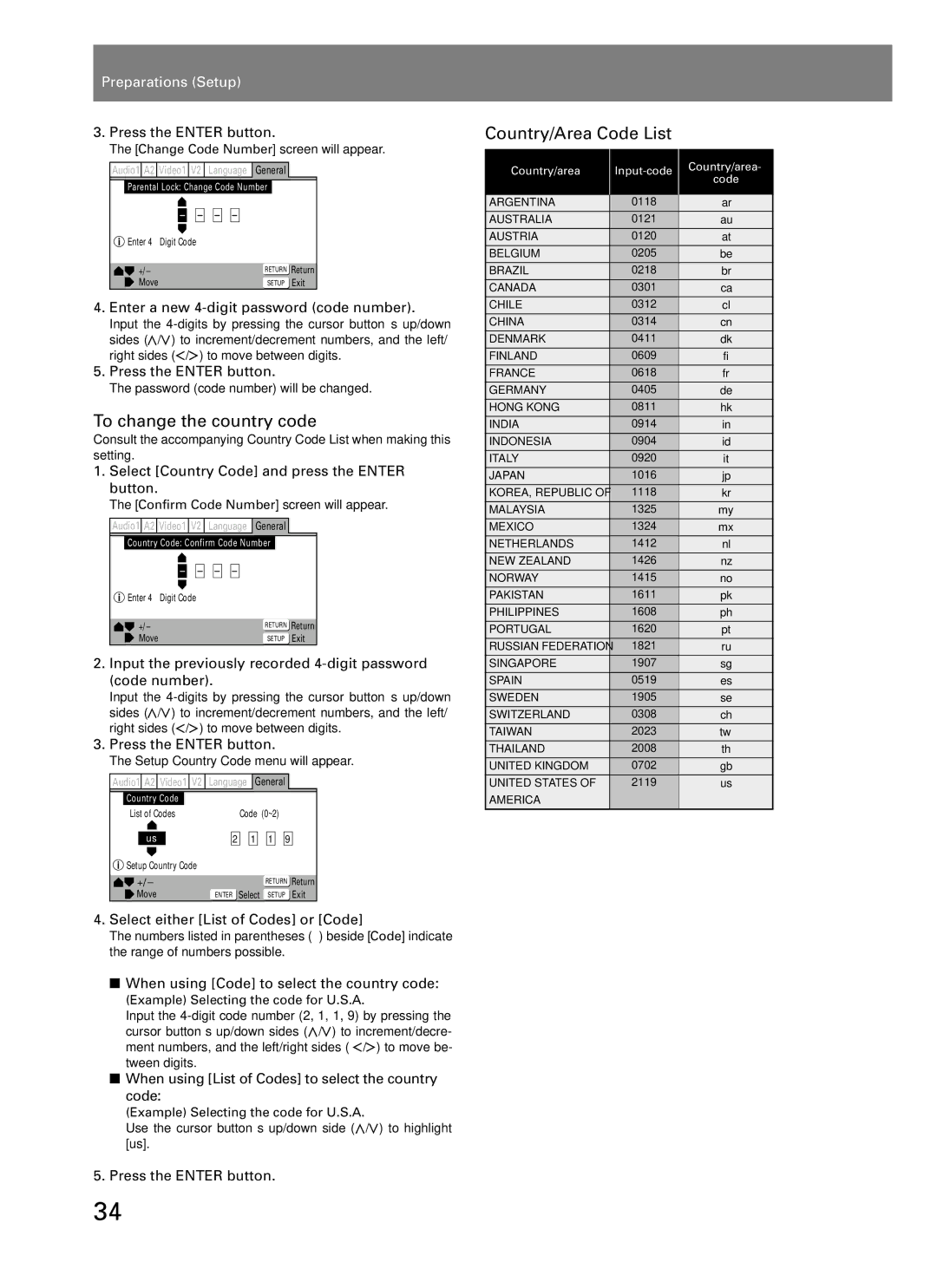 Pioneer DVJ-1000 manual To change the country code, Country/Area Code List 