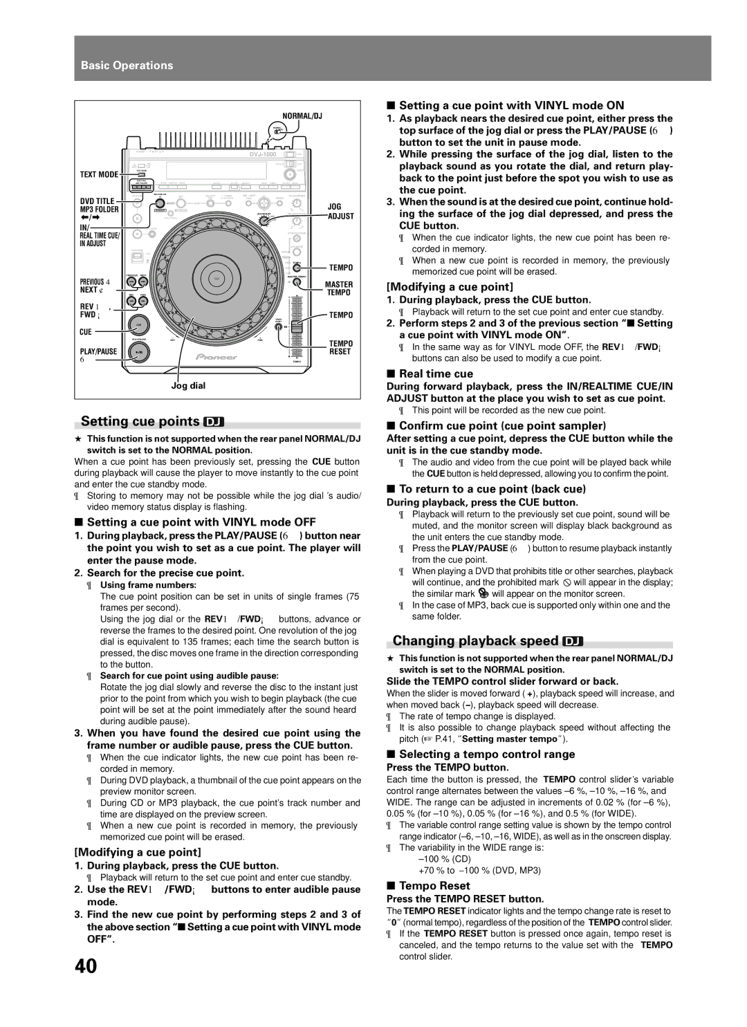 Pioneer DVJ-1000 manual Setting cue points, Changing playback speed 