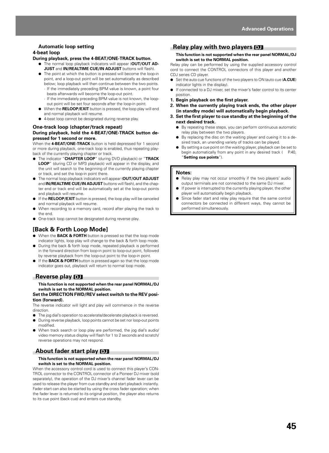 Pioneer DVJ-1000 manual Back & Forth Loop Mode, Reverse play, About fader start play, Relay play with two players 