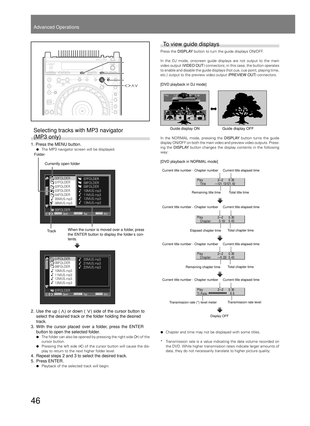 Pioneer DVJ-1000 manual Selecting tracks with MP3 navigator MP3 only, To view guide displays, Press the Menu button 