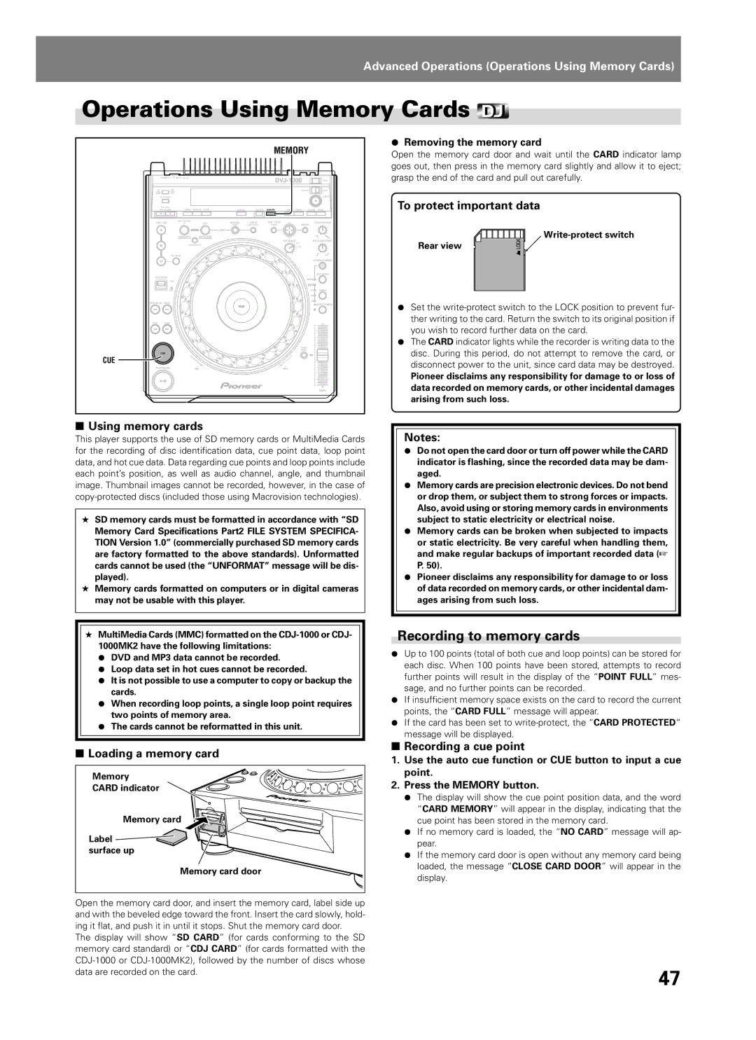 Pioneer DVJ-1000 Operations Using Memory Cards, Recording to memory cards, Loading a memory card, Recording a cue point 