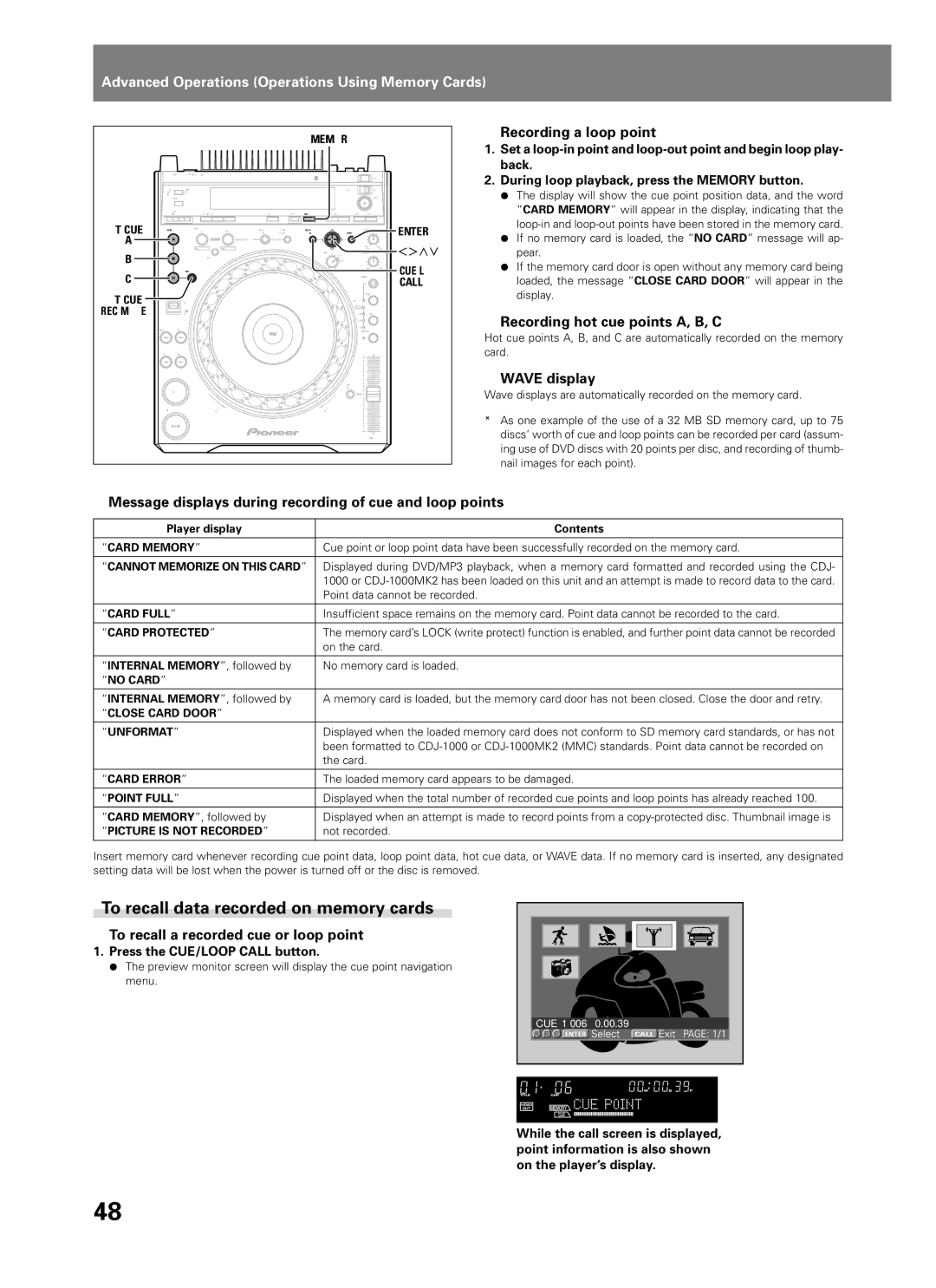 Pioneer DVJ-1000 manual To recall data recorded on memory cards 