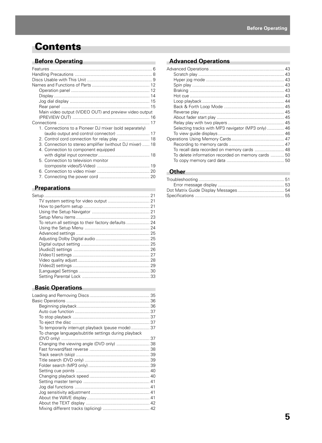 Pioneer DVJ-1000 manual Contents 