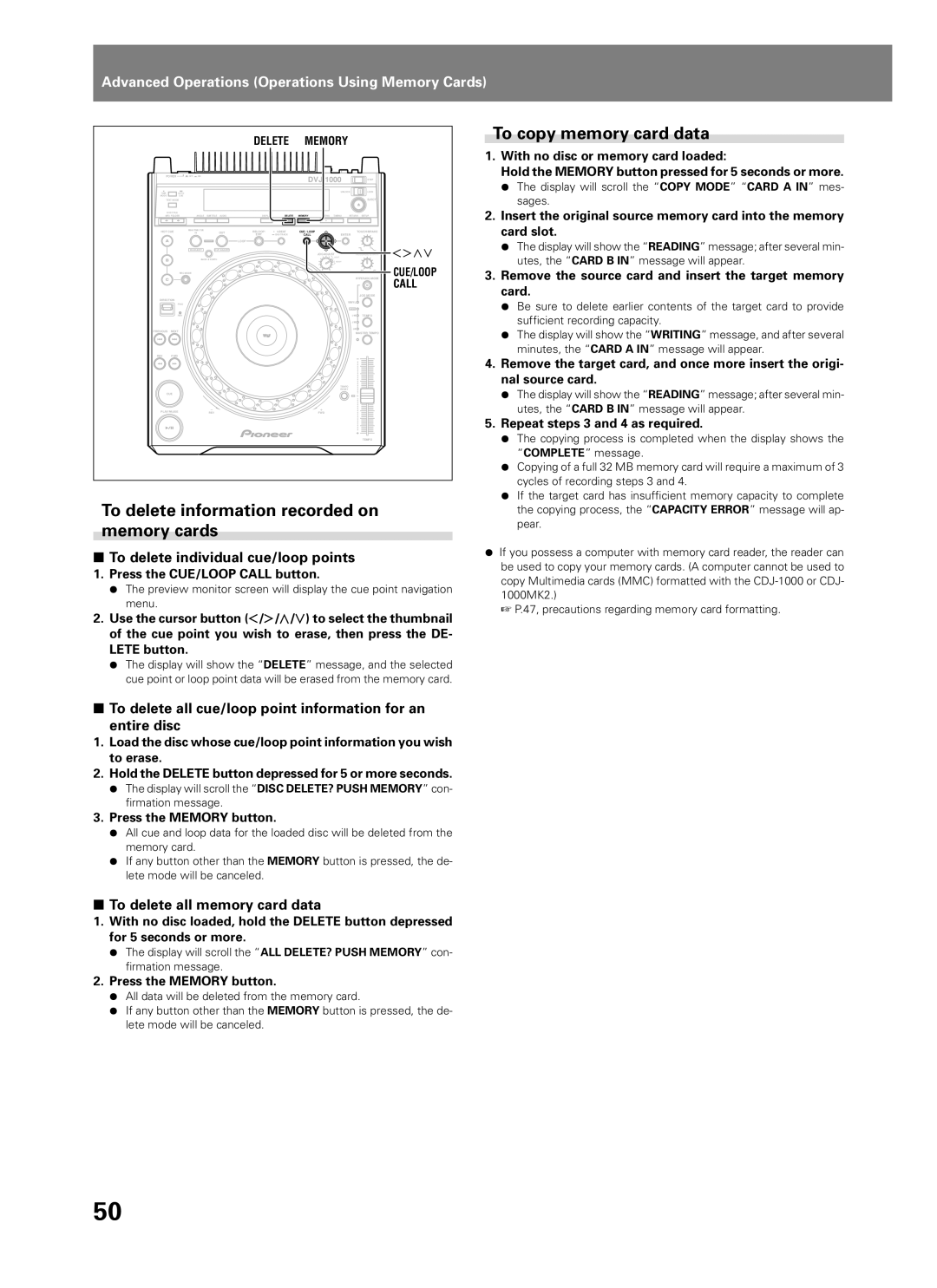 Pioneer DVJ-1000 To delete information recorded on memory cards, To copy memory card data, To delete all memory card data 