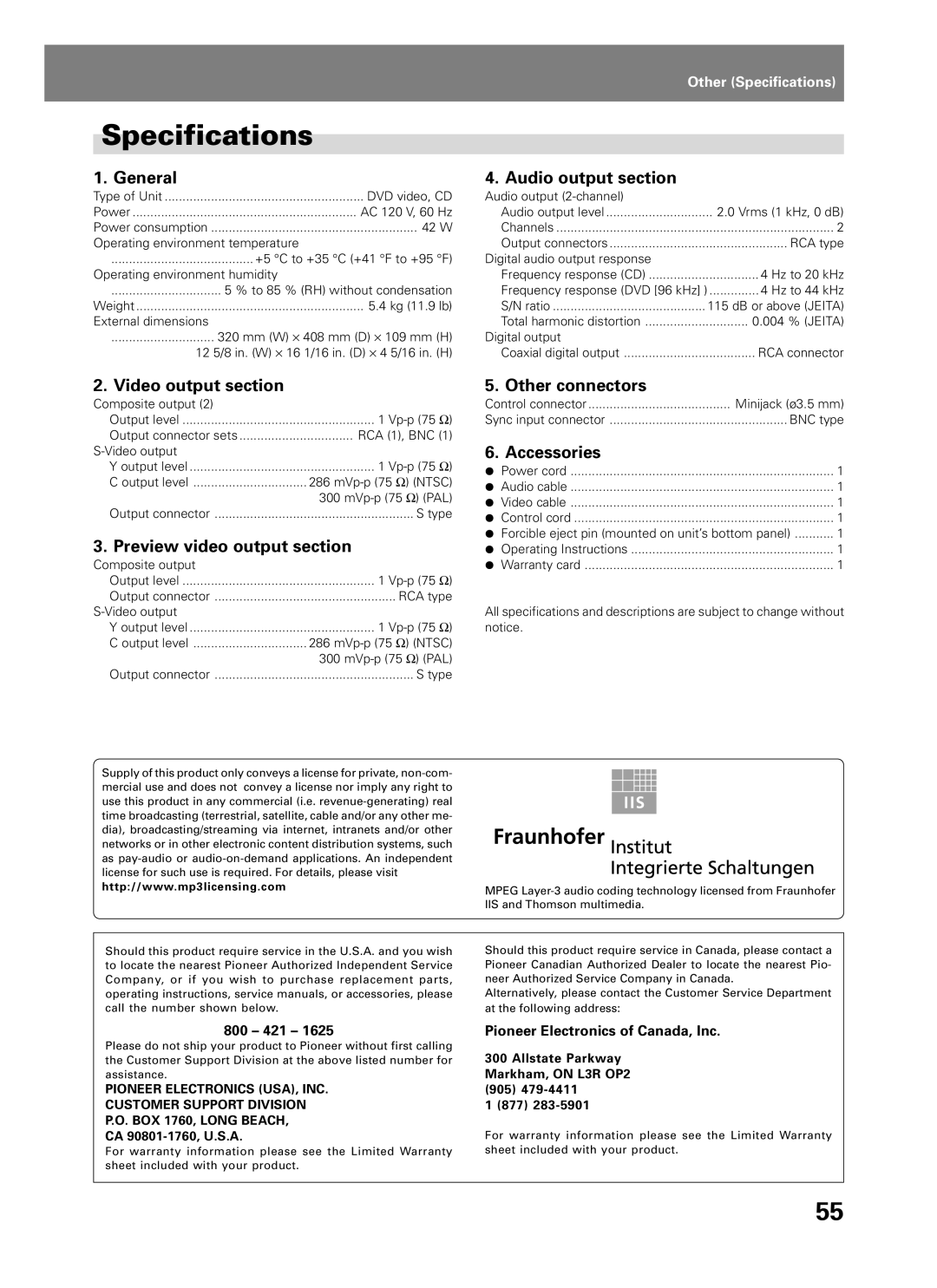 Pioneer DVJ-1000 manual Specifications 