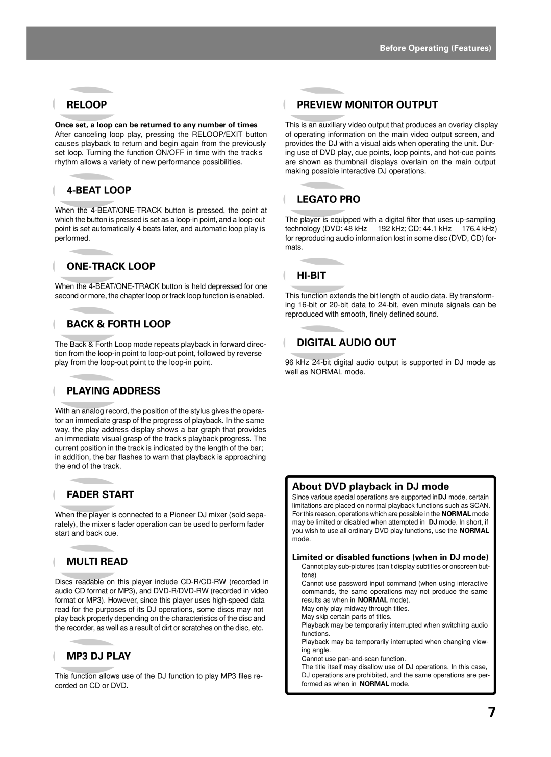 Pioneer DVJ-1000 manual About DVD playback in DJ mode, Limited or disabled functions when in DJ mode 