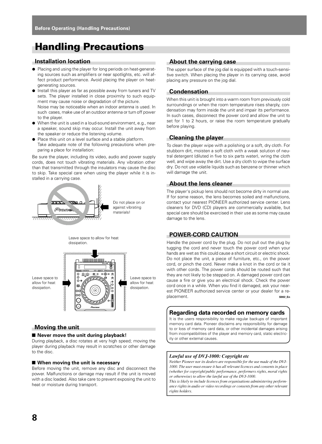 Pioneer DVJ-1000 manual Handling Precautions 