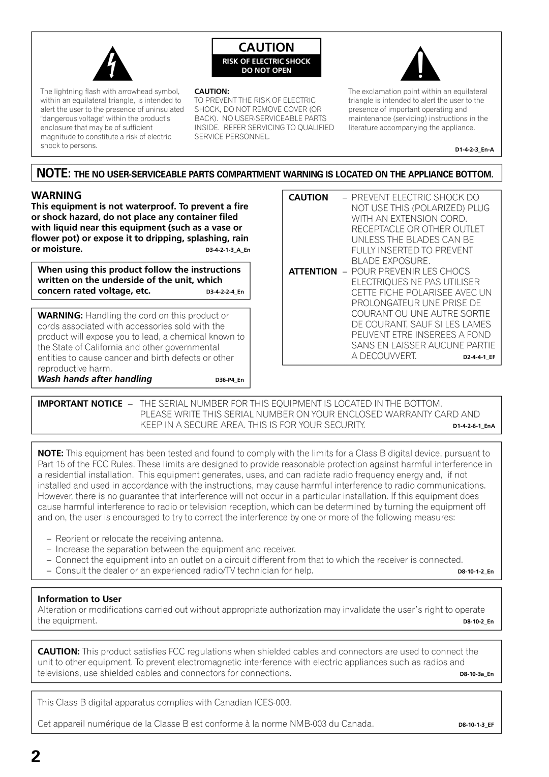 Pioneer DVJ-X1, DVD PLAYER operating instructions Information to User, Risk of Electric Shock Do not Open 