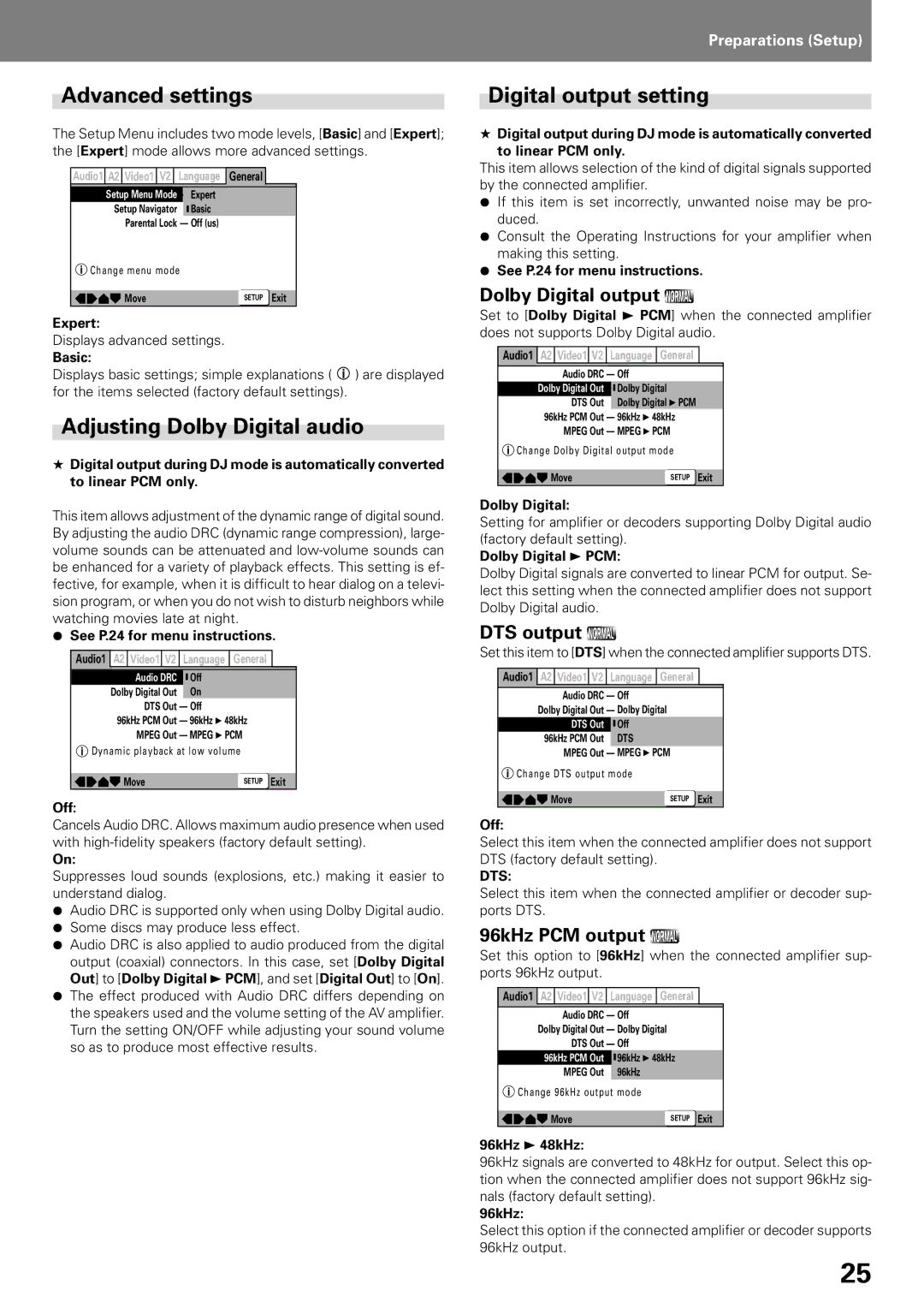 Pioneer DVD PLAYER, DVJ-X1 operating instructions Advanced settings, Adjusting Dolby Digital audio, Digital output setting 