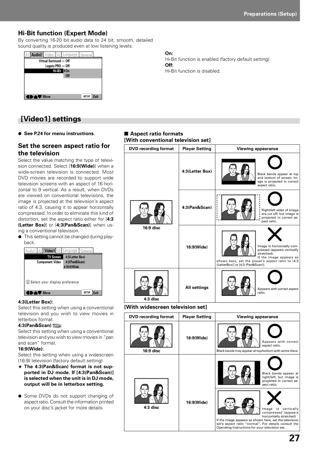 Pioneer DVD PLAYER, DVJ-X1 Video1 settings, Hi-Bit function Expert Mode, Set the screen aspect ratio for the television 