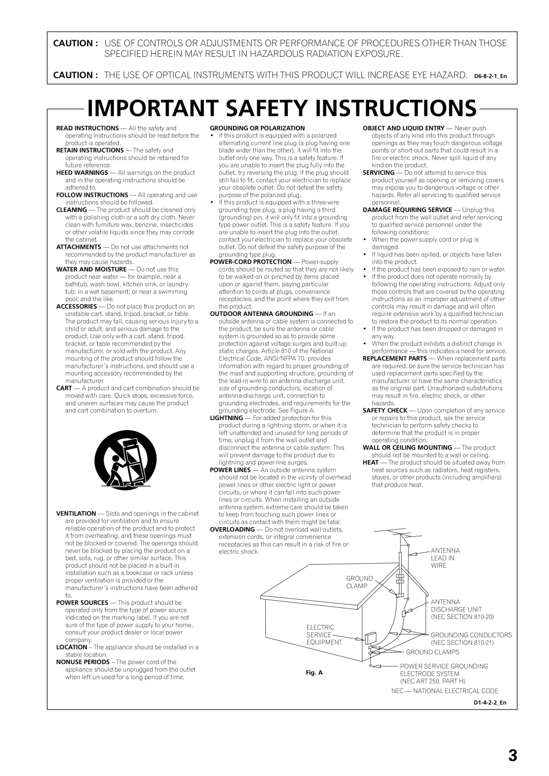 Pioneer DVD PLAYER, DVJ-X1 operating instructions Important Safety Instructions 