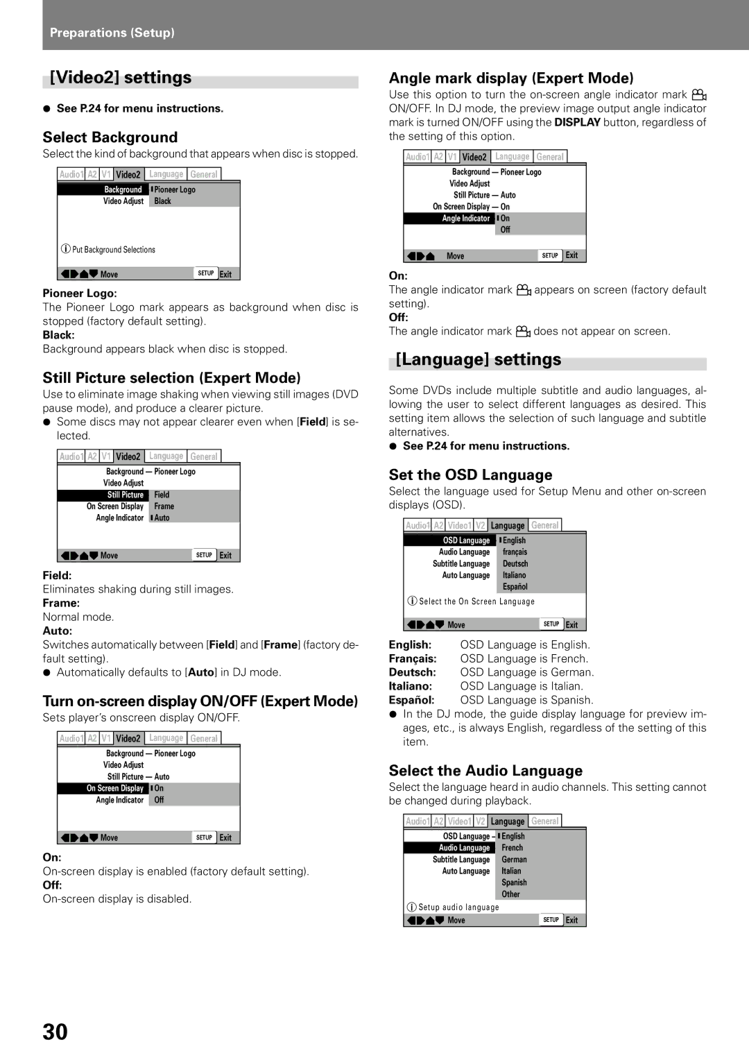 Pioneer DVJ-X1, DVD PLAYER operating instructions Video2 settings, Language settings 