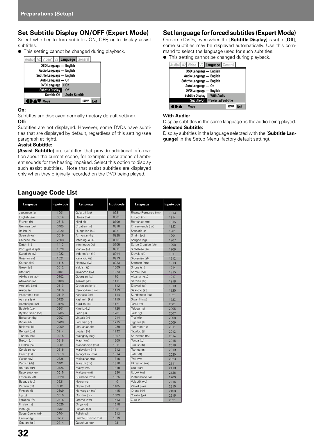 Pioneer DVJ-X1 Set Subtitle Display ON/OFF Expert Mode, Set language for forced subtitles Expert Mode, Language Code List 