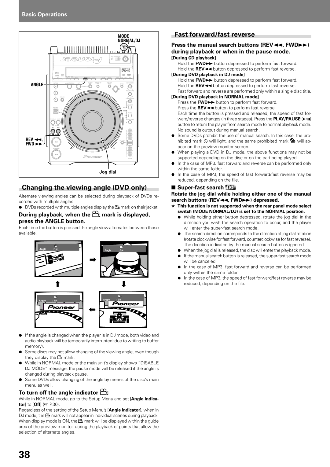 Pioneer DVJ-X1, DVD PLAYER Changing the viewing angle DVD only, Fast forward/fast reverse, To turn off the angle indicator 