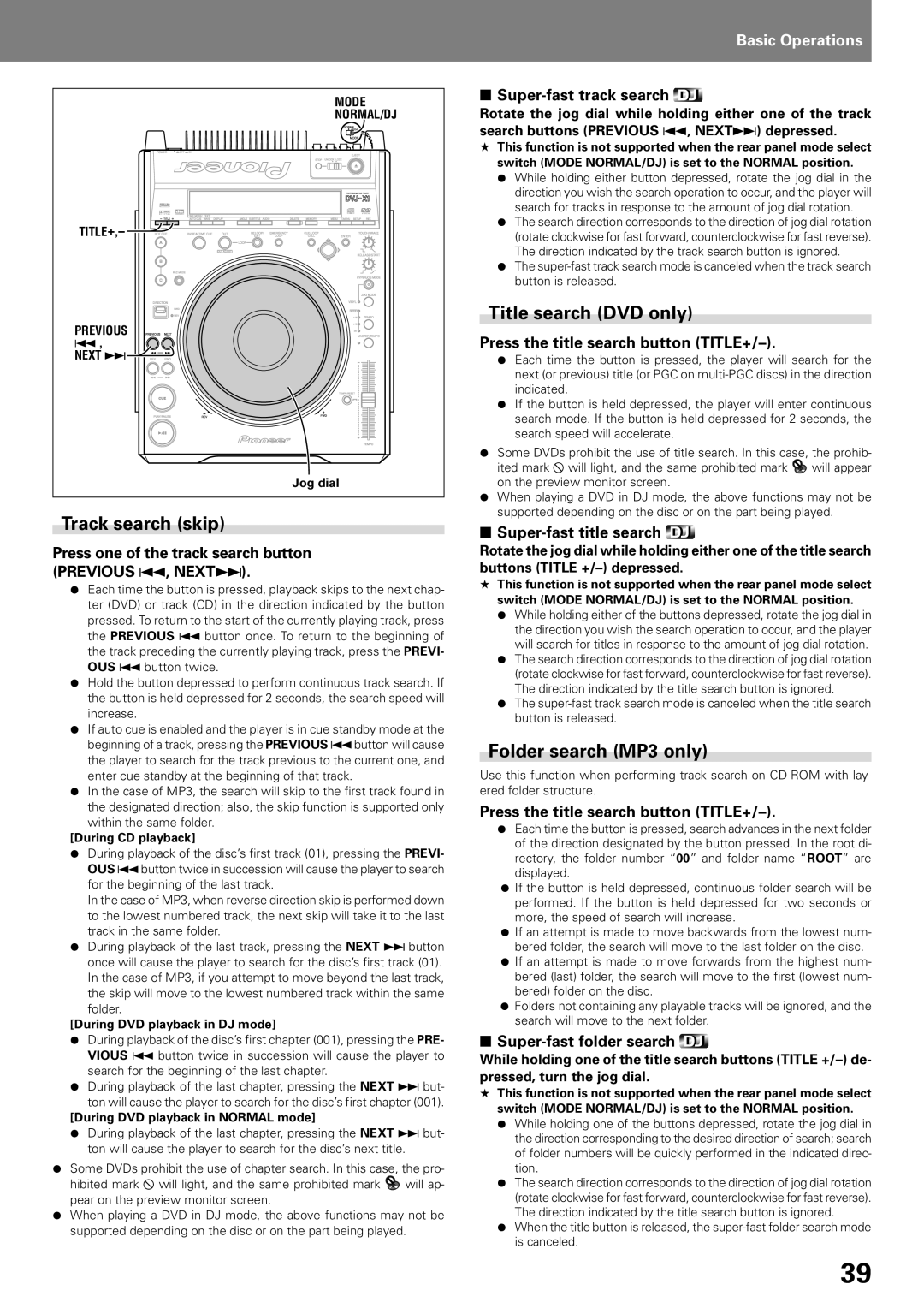 Pioneer DVD PLAYER, DVJ-X1 operating instructions Track search skip, Title search DVD only, Folder search MP3 only 