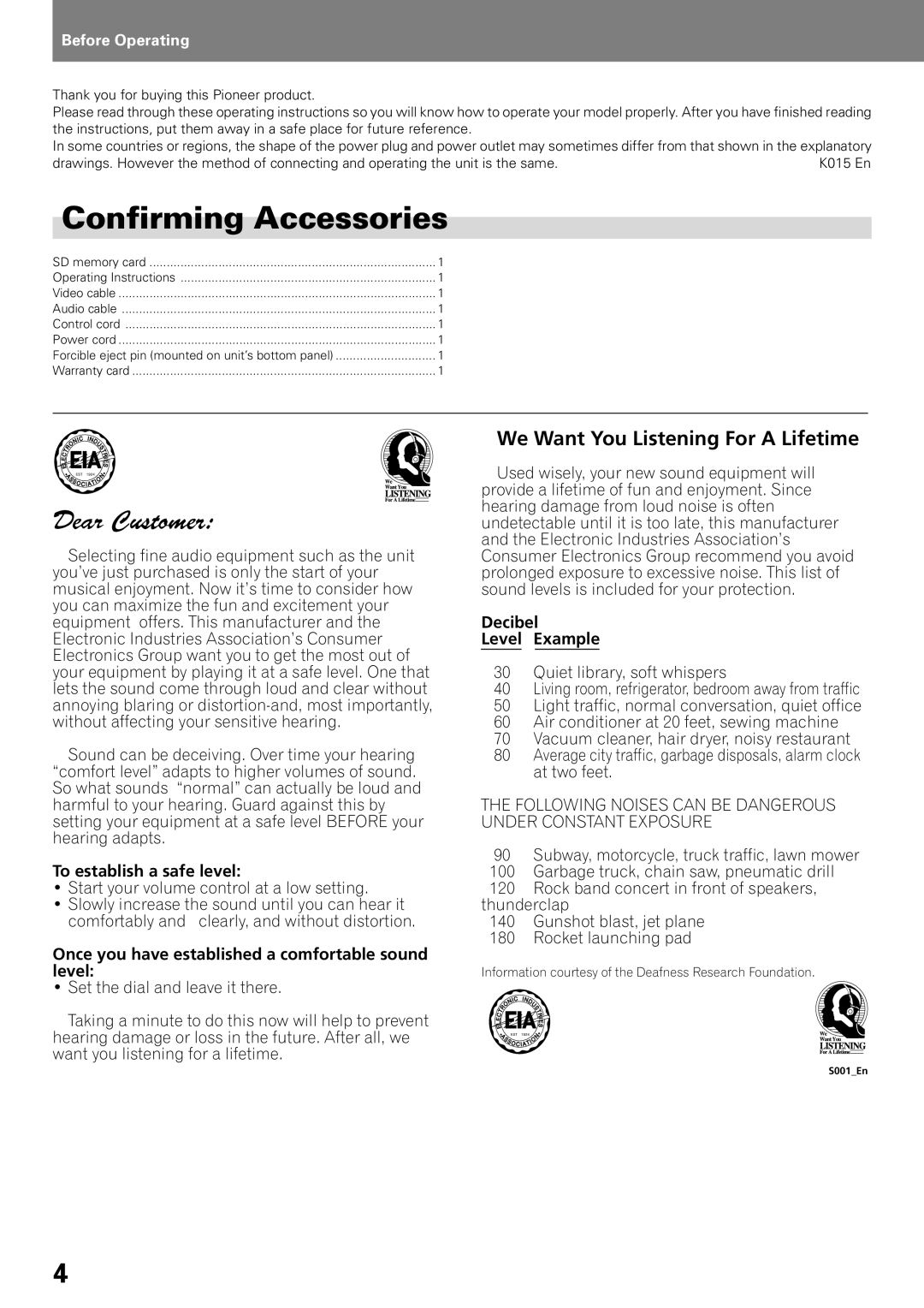 Pioneer DVJ-X1, DVD PLAYER operating instructions Confirming Accessories, Before Operating 