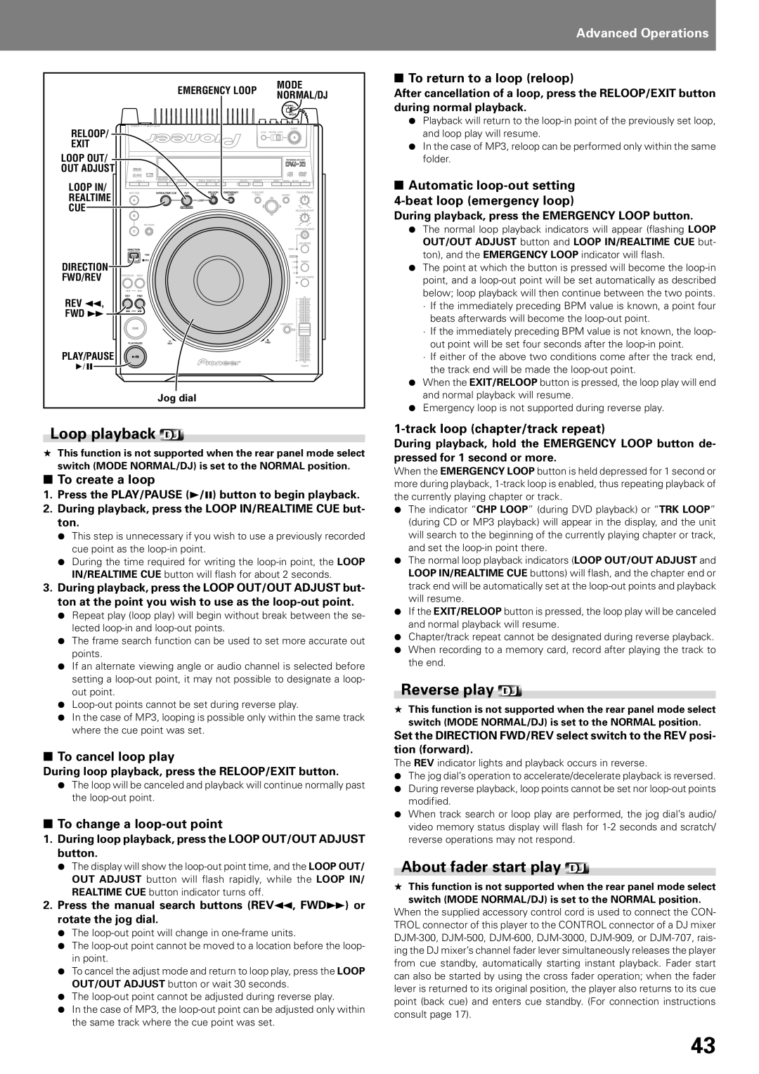 Pioneer DVD PLAYER, DVJ-X1 operating instructions Loop playback, Reverse play, About fader start play 