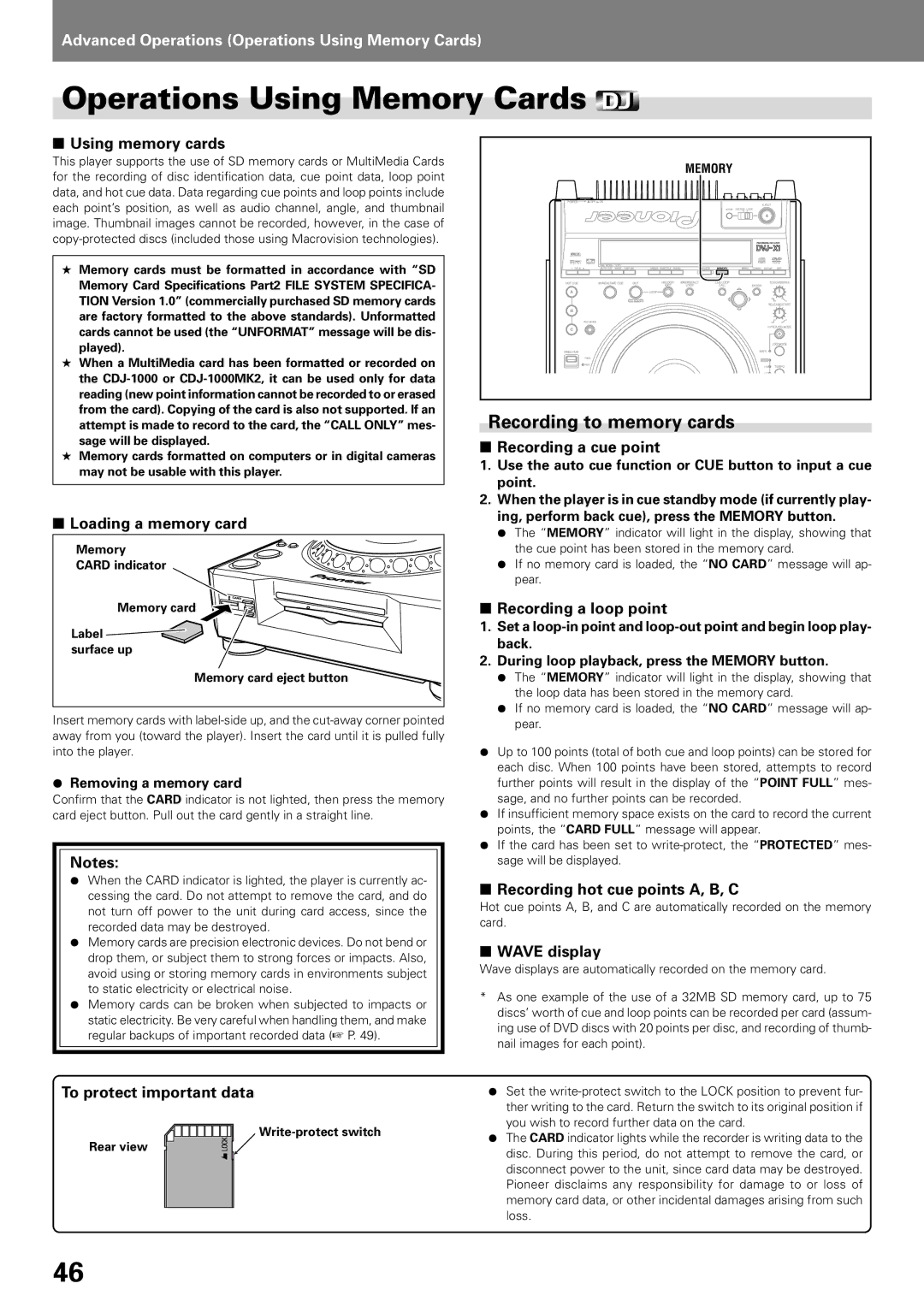 Pioneer DVJ-X1, DVD PLAYER operating instructions Operations Using Memory Cards, Recording to memory cards 