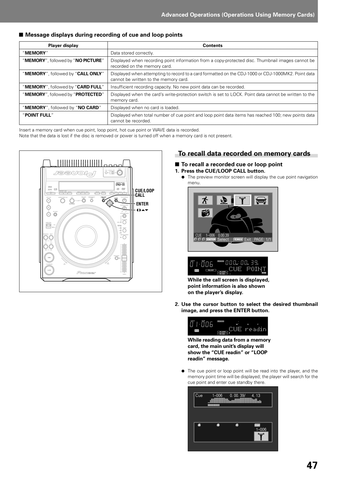 Pioneer DVD PLAYER To recall data recorded on memory cards, Message displays during recording of cue and loop points 