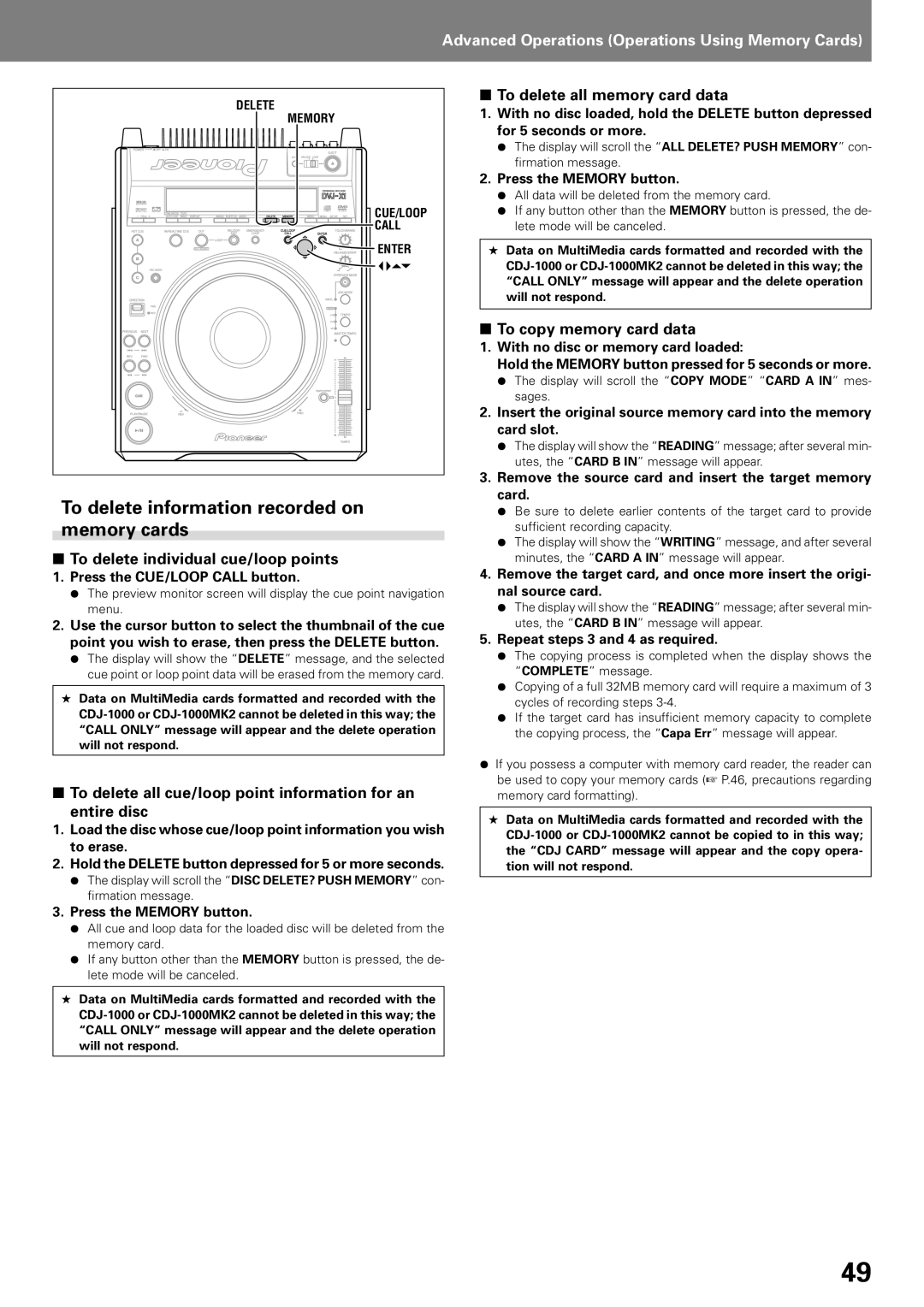 Pioneer DVD PLAYER, DVJ-X1 To delete information recorded on memory cards, To delete individual cue/loop points 