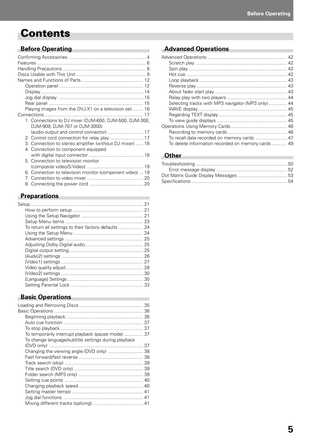 Pioneer DVD PLAYER, DVJ-X1 operating instructions Contents 