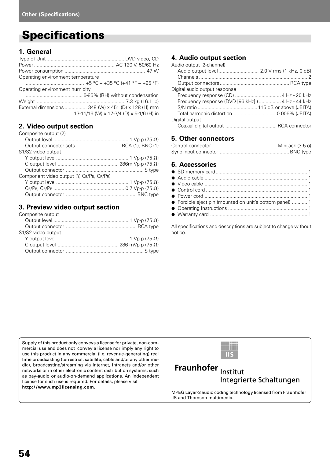 Pioneer DVJ-X1, DVD PLAYER operating instructions Specifications 