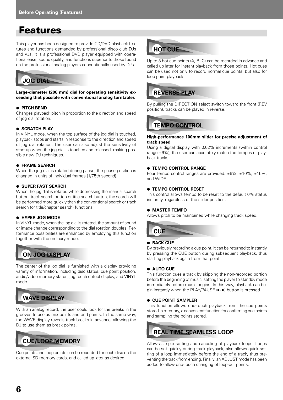 Pioneer DVJ-X1, DVD PLAYER operating instructions Features, JOG Dial 